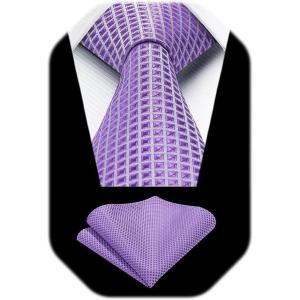 image:imageHISDERN Ties for Men Formal Business Plaid Checked Mens Ties and Pocket Square Set Classic Wedding Necktie HandkerchiefA1lavender