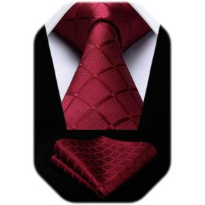 image:imageHISDERN Ties for Men Formal Business Plaid Checked Mens Ties and Pocket Square Set Classic Wedding Necktie HandkerchiefA9red Maroon