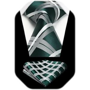 image:imageHISDERN Ties for Men Formal Business Plaid Checked Mens Ties and Pocket Square Set Classic Wedding Necktie HandkerchiefC7greenWhite