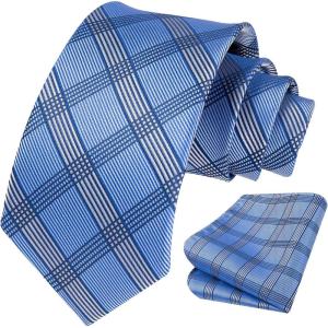 image:imageHISDERN Ties for Men Formal Business Plaid Checked Mens Ties and Pocket Square Set Classic Wedding Necktie HandkerchiefD2blue