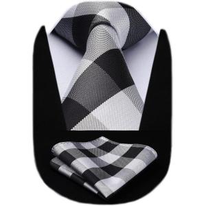 image:imageHISDERN Ties for Men Formal Business Plaid Checked Mens Ties and Pocket Square Set Classic Wedding Necktie HandkerchiefE1black
