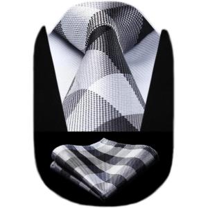 image:imageHISDERN Ties for Men Formal Business Plaid Checked Mens Ties and Pocket Square Set Classic Wedding Necktie HandkerchiefE1grey