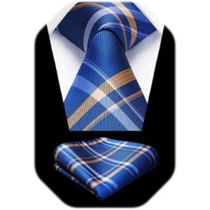 image:imageHISDERN Ties for Men Formal Business Plaid Checked Mens Ties and Pocket Square Set Classic Wedding Necktie HandkerchiefE2blue