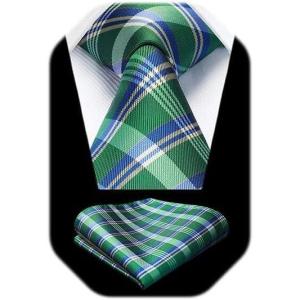 image:imageHISDERN Ties for Men Formal Business Plaid Checked Mens Ties and Pocket Square Set Classic Wedding Necktie HandkerchiefE2green