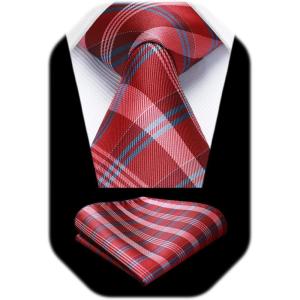 image:imageHISDERN Ties for Men Formal Business Plaid Checked Mens Ties and Pocket Square Set Classic Wedding Necktie HandkerchiefE2red
