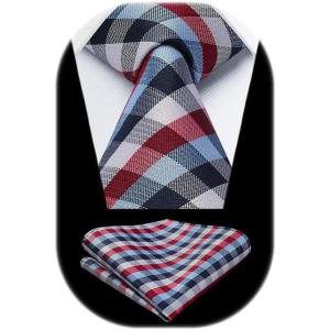 image:imageHISDERN Ties for Men Formal Business Plaid Checked Mens Ties and Pocket Square Set Classic Wedding Necktie HandkerchiefE2red Blue