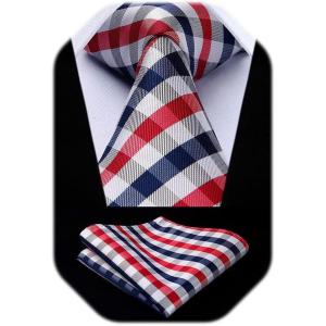 image:imageHISDERN Ties for Men Formal Business Plaid Checked Mens Ties and Pocket Square Set Classic Wedding Necktie HandkerchiefE2red Navy