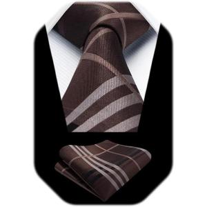 image:imageHISDERN Ties for Men Formal Business Plaid Checked Mens Ties and Pocket Square Set Classic Wedding Necktie HandkerchiefF2brown