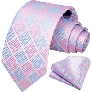 image:imageHISDERN Ties for Men Formal Business Plaid Checked Mens Ties and Pocket Square Set Classic Wedding Necktie HandkerchiefF3purple  Pink
