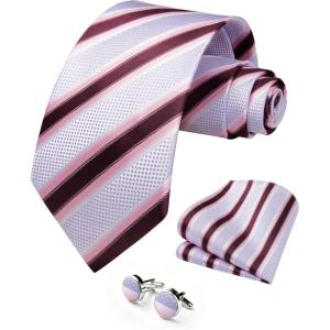 image:imageHISDERN Ties for Men Silk Stripe Plaid Tie Pocket Square Cufflinks Set Classic Necktie Formal Wedding BusinessLavender  Red  Pink
