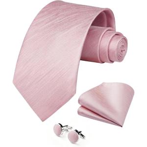 image:imageHISDERN Ties for Men Silk Stripe Plaid Tie Pocket Square Cufflinks Set Classic Necktie Formal Wedding BusinessLight Pink