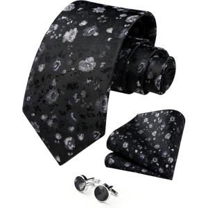 image:imageHISDERN Ties for Men Paisley Tie and Pocket Square Cufflinks Set Formal Classic Floral Necktie Handkerchief Wedding PartyFblackWhite Floral