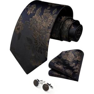 image:imageHISDERN Ties for Men Paisley Tie and Pocket Square Cufflinks Set Formal Classic Floral Necktie Handkerchief Wedding PartyFbrown Floral