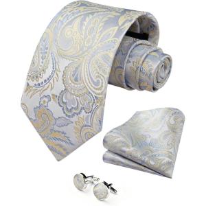 image:imageHISDERN Ties for Men Paisley Tie and Pocket Square Cufflinks Set Formal Classic Floral Necktie Handkerchief Wedding PartyPblueChampagne Paisley
