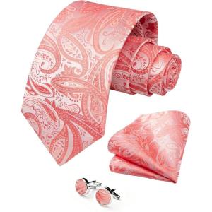 image:imageHISDERN Ties for Men Paisley Tie and Pocket Square Cufflinks Set Formal Classic Floral Necktie Handkerchief Wedding PartyPpink Paisley