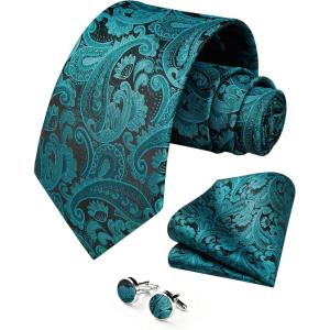 image:imageHISDERN Ties for Men Paisley Tie and Pocket Square Cufflinks Set Formal Classic Floral Necktie Handkerchief Wedding PartyPteal Paisley