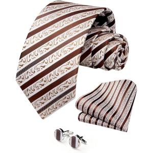 image:imageHISDERN Ties for Men Paisley Tie and Pocket Square Cufflinks Set Formal Classic Floral Necktie Handkerchief Wedding PartySbrownChampagne