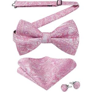image:imageHISDERN Pretied Bow Ties for Men Adjustable Mens Bowtie and Pocket Square Cufflinks Set for Wedding Party PromA3hot Pink  Black