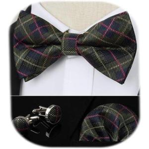 image:imageHISDERN Pretied Bow Ties for Men Adjustable Mens Bowtie and Pocket Square Cufflinks Set for Wedding Party PromD2dark Green Blue Plaid