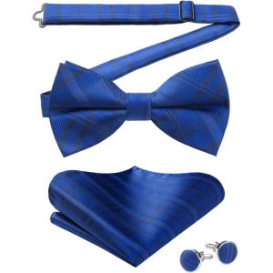 image:imageHISDERN Pretied Bow Ties for Men Adjustable Mens Bowtie and Pocket Square Cufflinks Set for Wedding Party PromF2royal Blue Plaid