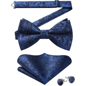 image:imageHISDERN Pretied Bow Ties for Men Adjustable Mens Bowtie and Pocket Square Cufflinks Set for Wedding Party PromF3navy Blue Paisley
