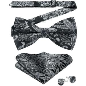 image:imageHISDERN Pretied Bow Ties for Men Adjustable Mens Bowtie and Pocket Square Cufflinks Set for Wedding Party PromH3black Paisley