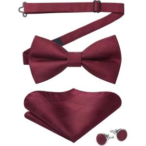 image:imageHISDERN Pretied Bow Ties for Men Adjustable Mens Bowtie and Pocket Square Cufflinks Set for Wedding Party PromRburgundy Red