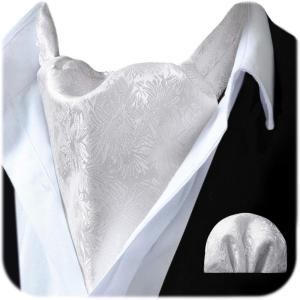 image:imageHISDERN Ascot Ties for Men Paisley Floral Ascot and Pocket Square Set Classic Self Tie Mens Cravat Handkerchief for WeddingA1white