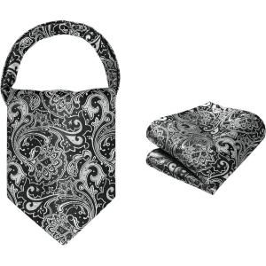image:imageHISDERN Ascot Ties for Men Paisley Floral Ascot and Pocket Square Set Classic Self Tie Mens Cravat Handkerchief for WeddingA26blackSliver