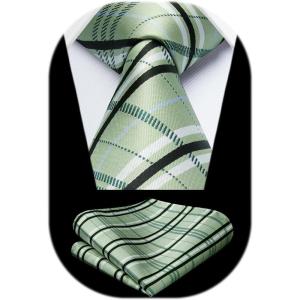 image:imageHISDERN Ties for Men Plaid Checkered Tie with Pocket Square Woven Business Formal Necktie Handkerchief Set Wedding PartyBsage Green