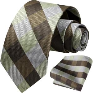 image:imageHISDERN Ties for Men Plaid Checkered Tie with Pocket Square Woven Business Formal Necktie Handkerchief Set Wedding PartyCbrown 3