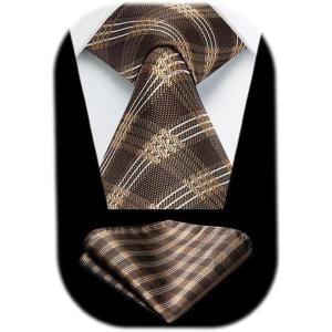 image:imageHISDERN Ties for Men Plaid Checkered Tie with Pocket Square Woven Business Formal Necktie Handkerchief Set Wedding PartyCbrown2
