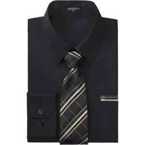 image:imageHISDERN 503 Mens Dress Shirt Slim Fit Long Sleeve Button Down Wrinkle Free Set with Tie Pocket Square Formal Business WeddingBlack2Plaid