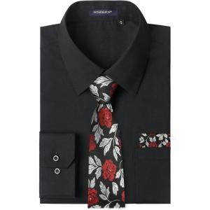 image:imageHISDERN 503 Mens Dress Shirt Slim Fit Long Sleeve Button Down Wrinkle Free Set with Tie Pocket Square Formal Business WeddingBlackFloral