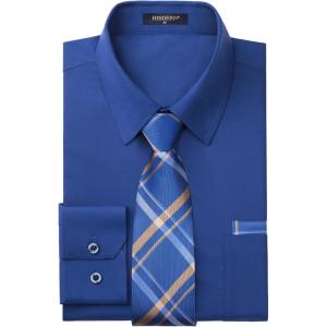 image:imageHISDERN 503 Mens Dress Shirt Slim Fit Long Sleeve Button Down Wrinkle Free Set with Tie Pocket Square Formal Business WeddingBlue2Plaid