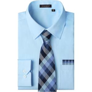image:imageHISDERN 503 Mens Dress Shirt Slim Fit Long Sleeve Button Down Wrinkle Free Set with Tie Pocket Square Formal Business WeddingBlueStriepd