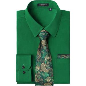 image:imageHISDERN 503 Mens Dress Shirt Slim Fit Long Sleeve Button Down Wrinkle Free Set with Tie Pocket Square Formal Business WeddingGreen2Paisley