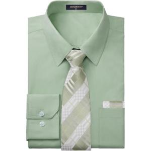 image:imageHISDERN 503 Mens Dress Shirt Slim Fit Long Sleeve Button Down Wrinkle Free Set with Tie Pocket Square Formal Business WeddingGreen4Plaid