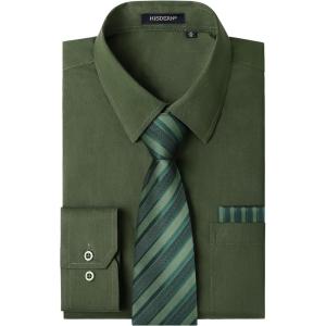 image:imageHISDERN 503 Mens Dress Shirt Slim Fit Long Sleeve Button Down Wrinkle Free Set with Tie Pocket Square Formal Business WeddingGreenStriped