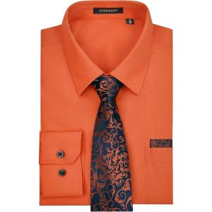 image:imageHISDERN 503 Mens Dress Shirt Slim Fit Long Sleeve Button Down Wrinkle Free Set with Tie Pocket Square Formal Business WeddingOrangePaisley
