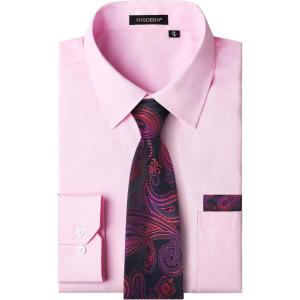 image:imageHISDERN 503 Mens Dress Shirt Slim Fit Long Sleeve Button Down Wrinkle Free Set with Tie Pocket Square Formal Business WeddingPinkPaisley