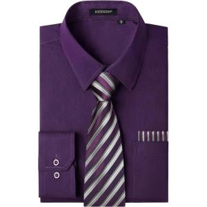 image:imageHISDERN 503 Mens Dress Shirt Slim Fit Long Sleeve Button Down Wrinkle Free Set with Tie Pocket Square Formal Business WeddingPurpleStriepd