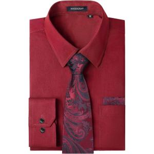 image:imageHISDERN 503 Mens Dress Shirt Slim Fit Long Sleeve Button Down Wrinkle Free Set with Tie Pocket Square Formal Business WeddingRedPaisley