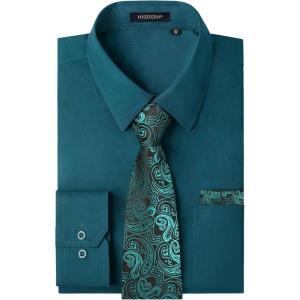 image:imageHISDERN 503 Mens Dress Shirt Slim Fit Long Sleeve Button Down Wrinkle Free Set with Tie Pocket Square Formal Business WeddingTealPaisley