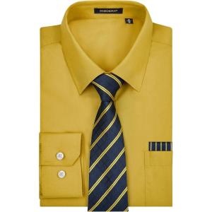 image:imageHISDERN 503 Mens Dress Shirt Slim Fit Long Sleeve Button Down Wrinkle Free Set with Tie Pocket Square Formal Business WeddingYellowStriped
