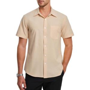 image:imageHISDERN Mens Short Sleeve Dress Shirts Oxford Solid Casual Button Dwon Collar Shirt with Pocket Regular Fit BusinessBeige