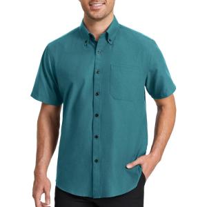 image:imageHISDERN Mens Short Sleeve Dress Shirts Oxford Solid Casual Button Dwon Collar Shirt with Pocket Regular Fit BusinessTeal