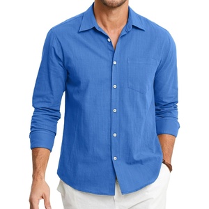 image:imageHISDERN Mens Linen Shirt Long Sleeve Button Down Casual Beach Shirts for Men Cotton Linen Breathable Summer Vacation PocketRoyal Blue