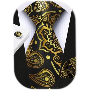 image:imageHISDERN Pre Tied Ties for Men Paisley Solid Striped Necktie and Pocket Square Cufflinks Set Formal Wedding Neck TieBgoldPaisley