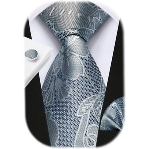 image:imageHISDERN Pre Tied Ties for Men Paisley Solid Striped Necktie and Pocket Square Cufflinks Set Formal Wedding Neck TieBgreyPaisley